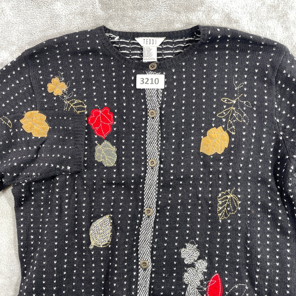 TEDDI Cardigan Sweater Women L Black Fall Leaves Embroidered Ramie Wool 23611